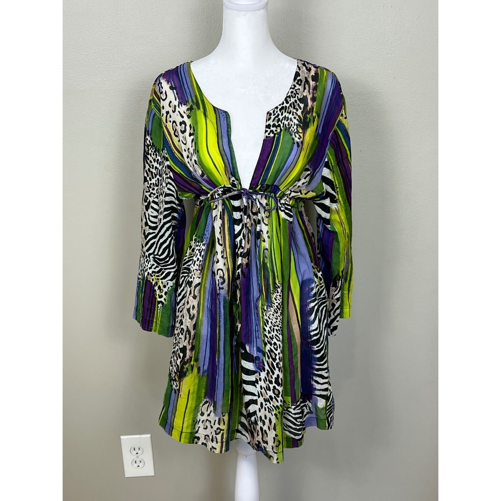 Blue Island Cotton Swim Coverup Dress Green Purple Animal Print Medium NWT